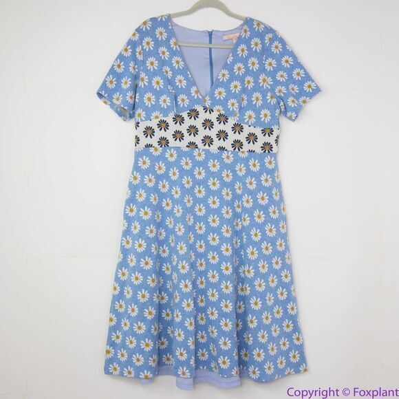 Hutch Anthropologie blue Daisy Rainey Dress V neck short‎ sleeves, size 1X - Picture 1 of 16